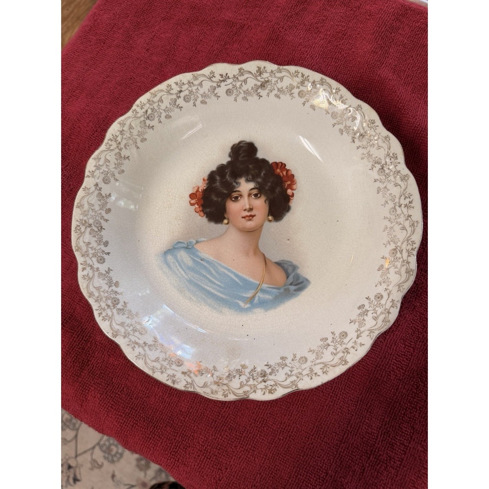 Antique Limoges China Portrait Plate Gibson Girl Blue Dress 9.5" Gold c1910